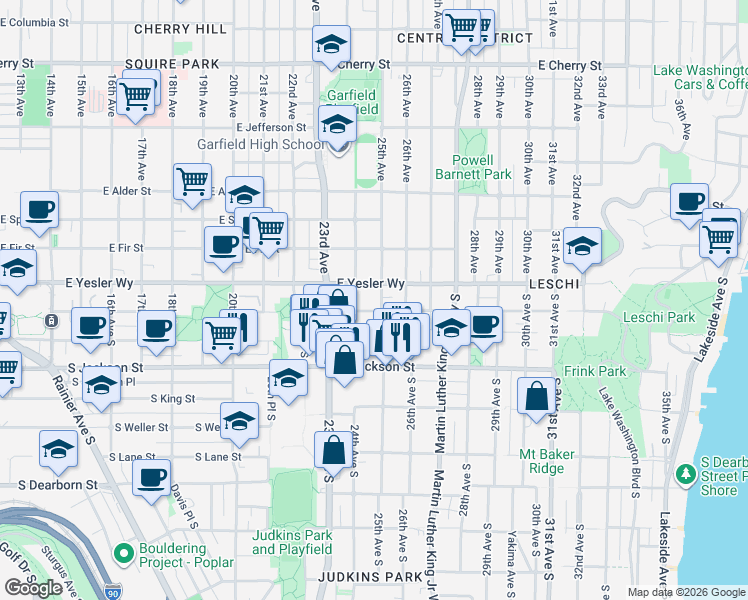 map of restaurants, bars, coffee shops, grocery stores, and more near 120 24th Avenue South in Seattle
