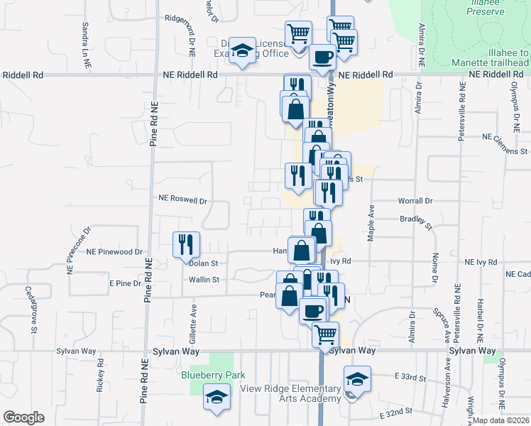 map of restaurants, bars, coffee shops, grocery stores, and more near 1035 East Broad Street in Bremerton