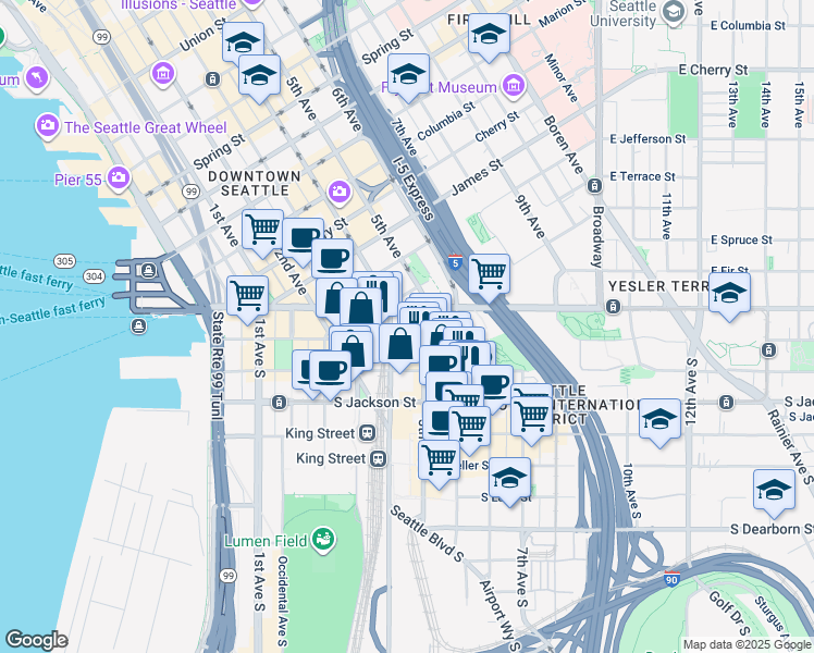 map of restaurants, bars, coffee shops, grocery stores, and more near 105 5th Avenue South in Seattle