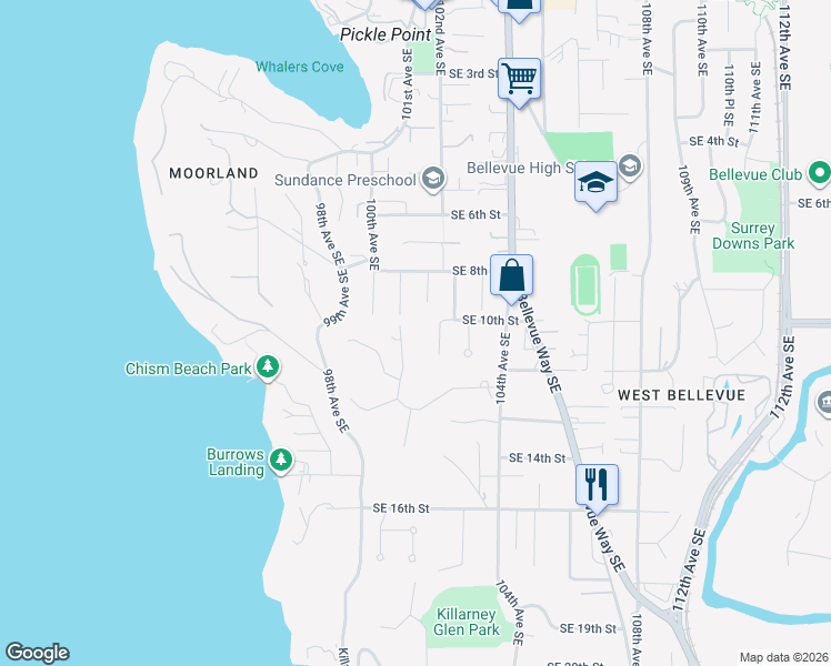 map of restaurants, bars, coffee shops, grocery stores, and more near 206 Northside Road in Bellevue