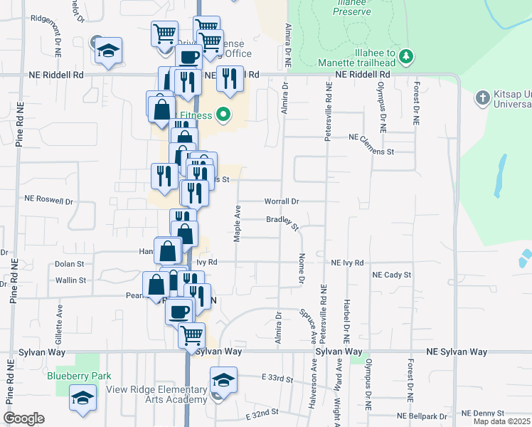 map of restaurants, bars, coffee shops, grocery stores, and more near 1328 Bradley Street in Bremerton