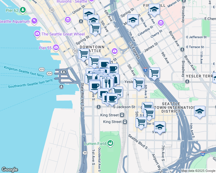 map of restaurants, bars, coffee shops, grocery stores, and more near in Seattle