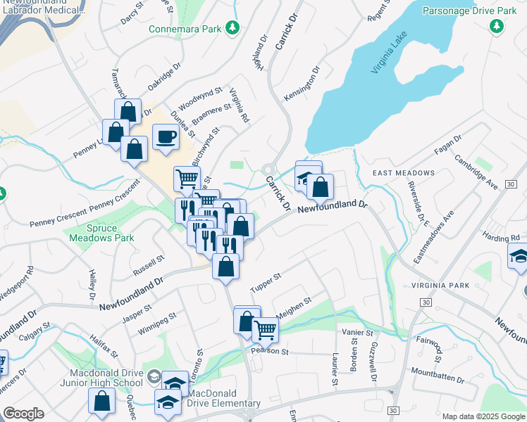 map of restaurants, bars, coffee shops, grocery stores, and more near 11 Coaker Place in St. John's