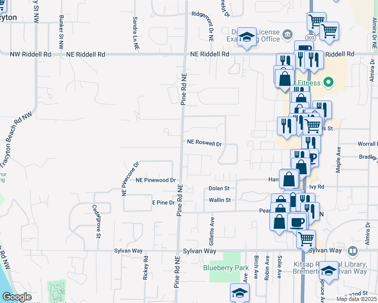map of restaurants, bars, coffee shops, grocery stores, and more near 610 Shirehill Street in Bremerton