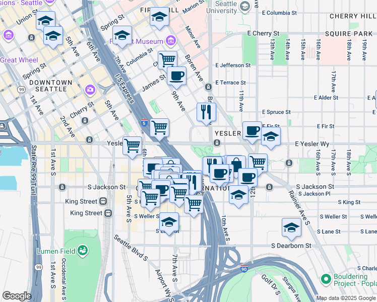 map of restaurants, bars, coffee shops, grocery stores, and more near 821 South Washington Street in Seattle