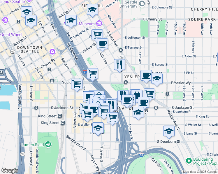 map of restaurants, bars, coffee shops, grocery stores, and more near 346 South Washington Street in Seattle