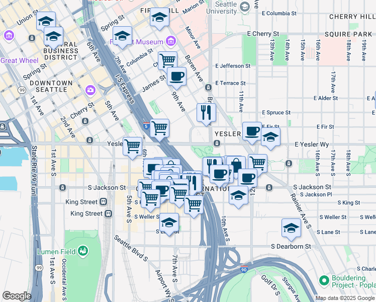map of restaurants, bars, coffee shops, grocery stores, and more near 809 South Washington Street in Seattle