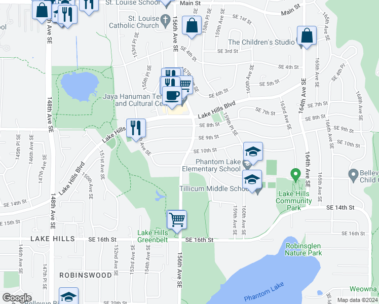 map of restaurants, bars, coffee shops, grocery stores, and more near 15533 Southeast 10th Street in Bellevue