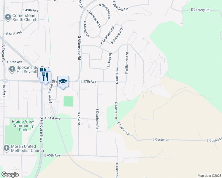 map of restaurants, bars, coffee shops, grocery stores, and more near 5804 South Custer Road in Spokane