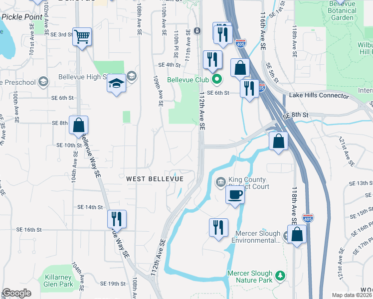 map of restaurants, bars, coffee shops, grocery stores, and more near 1012 111th Place Southeast in Bellevue