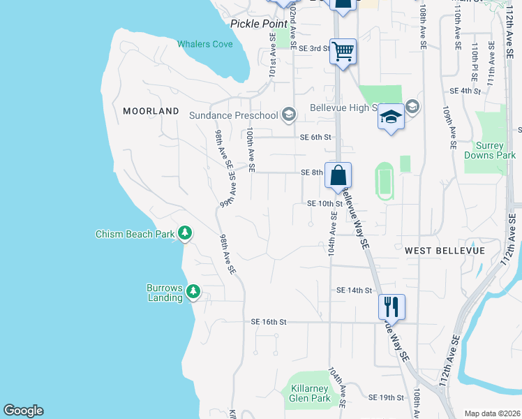 map of restaurants, bars, coffee shops, grocery stores, and more near 404 Detwiller Lane in Bellevue