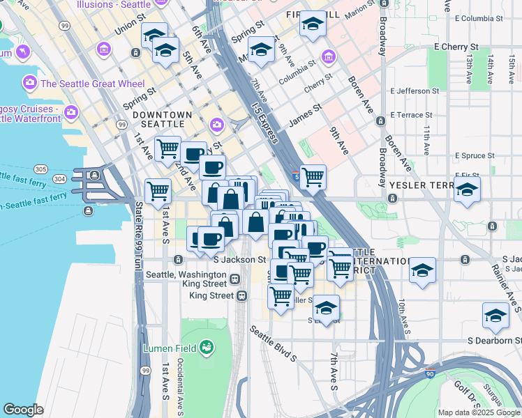 map of restaurants, bars, coffee shops, grocery stores, and more near 105 5th Avenue South in Seattle