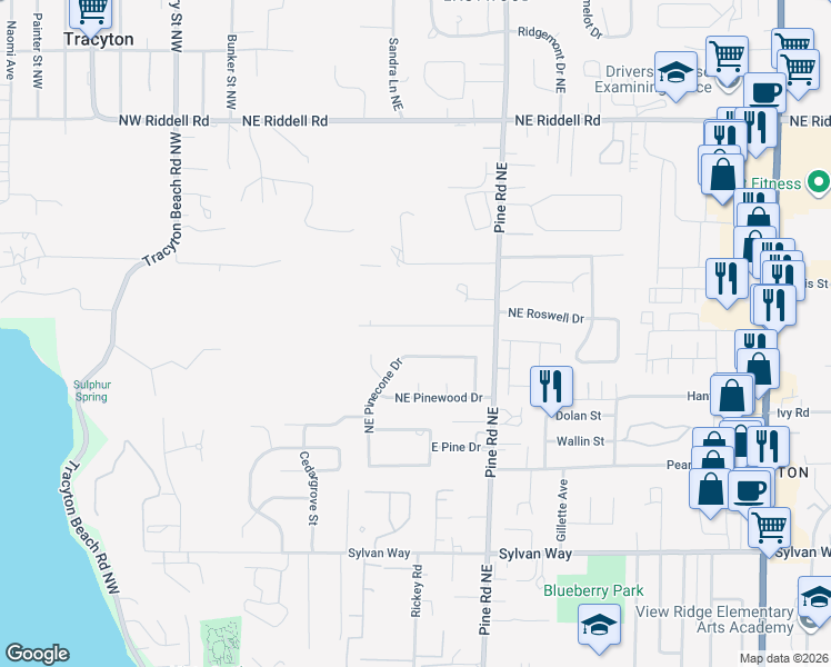 map of restaurants, bars, coffee shops, grocery stores, and more near 3856 Northeast Pinecone Drive in Bremerton