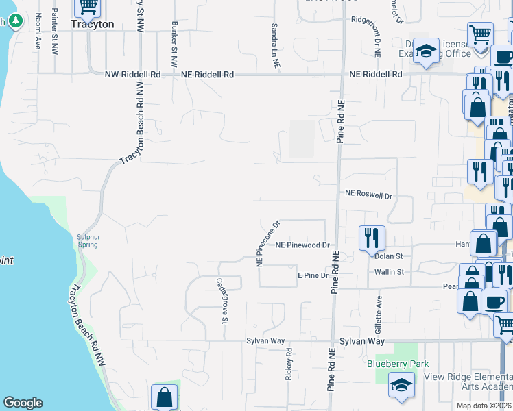 map of restaurants, bars, coffee shops, grocery stores, and more near 3833 Pinecone Court Northeast in Bremerton