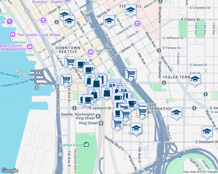 map of restaurants, bars, coffee shops, grocery stores, and more near 401 Yesler Way in Seattle