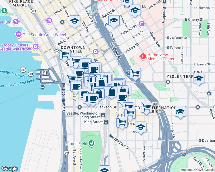 map of restaurants, bars, coffee shops, grocery stores, and more near 114 Prefontaine Place South in Seattle