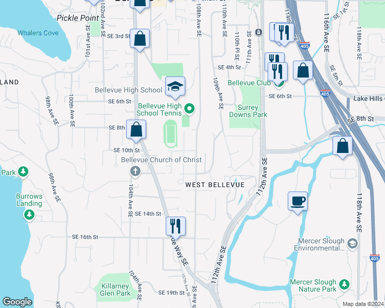 map of restaurants, bars, coffee shops, grocery stores, and more near 1016 108th Avenue Southeast in Bellevue