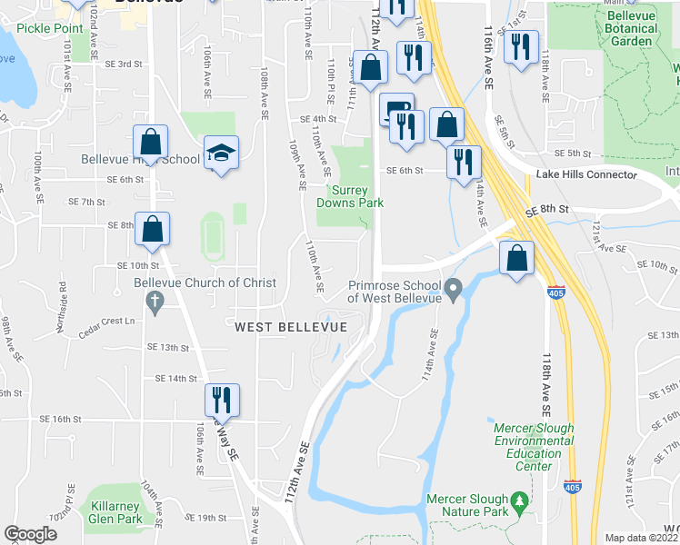 map of restaurants, bars, coffee shops, grocery stores, and more near 11021 Southeast 10th Street in Bellevue