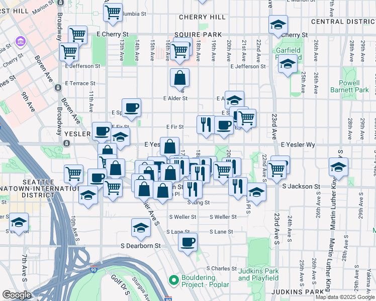 map of restaurants, bars, coffee shops, grocery stores, and more near 104 17th Avenue South in Seattle