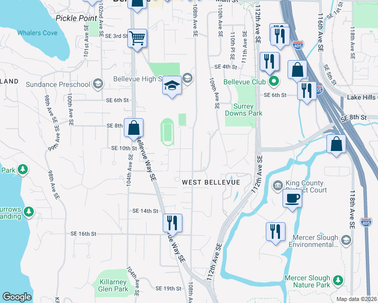 map of restaurants, bars, coffee shops, grocery stores, and more near 10789 Southeast 10th Street in Bellevue