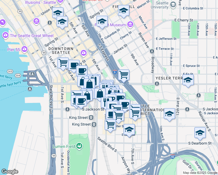 map of restaurants, bars, coffee shops, grocery stores, and more near 108 5th Avenue South in Seattle