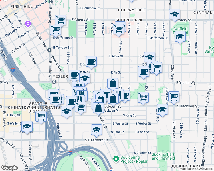 map of restaurants, bars, coffee shops, grocery stores, and more near 1515 East Yesler Way in Seattle