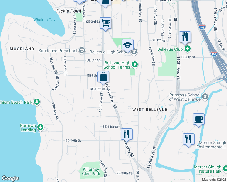 map of restaurants, bars, coffee shops, grocery stores, and more near 1004 Bellevue Way Southeast in Bellevue