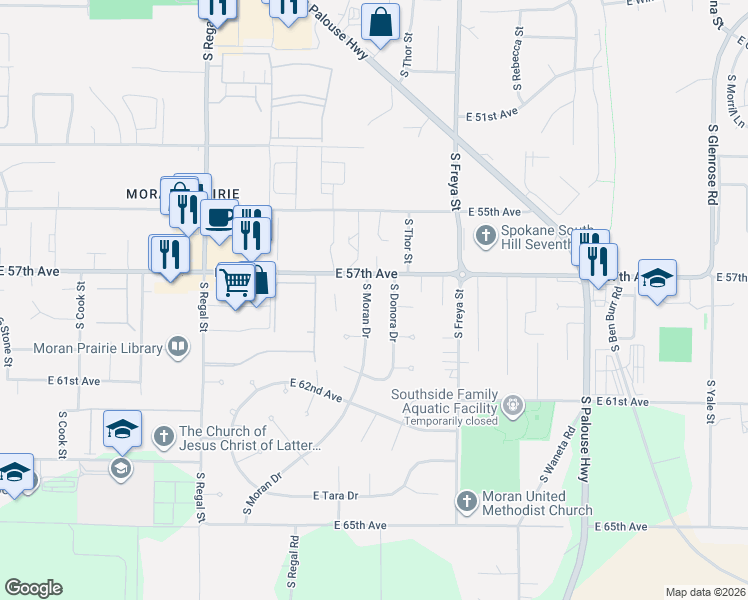 map of restaurants, bars, coffee shops, grocery stores, and more near 5807 South Moran Drive in Spokane