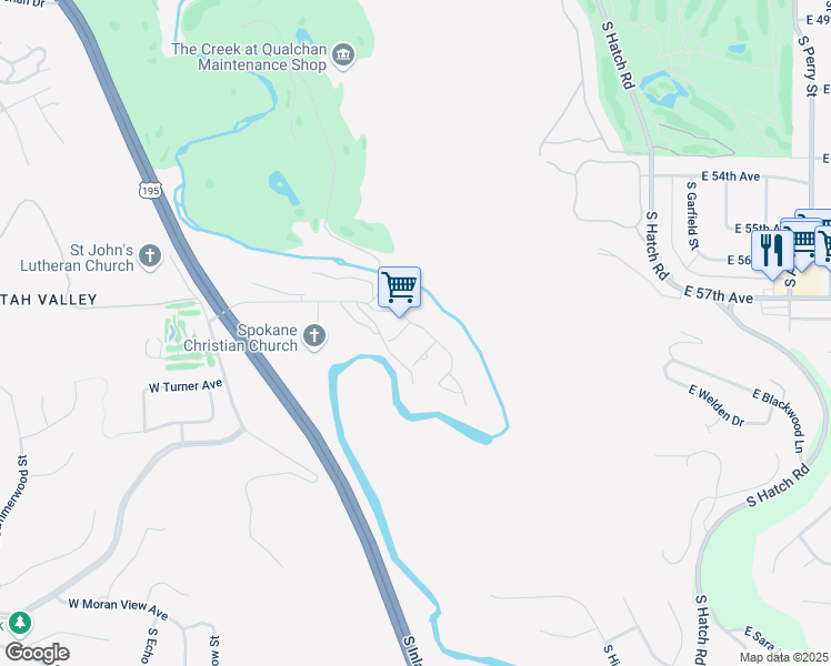 map of restaurants, bars, coffee shops, grocery stores, and more near 5719 South Pony Court in Spokane