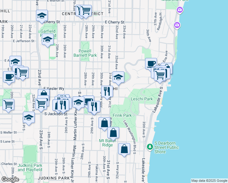 map of restaurants, bars, coffee shops, grocery stores, and more near 3108 South Washington Street in Seattle