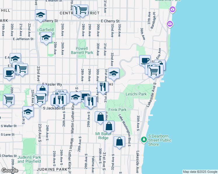 map of restaurants, bars, coffee shops, grocery stores, and more near 3108 South Washington Street in Seattle