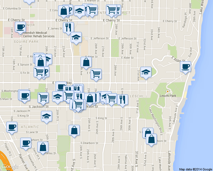 map of restaurants, bars, coffee shops, grocery stores, and more near 111 27th Avenue South in Seattle