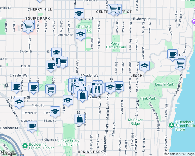 map of restaurants, bars, coffee shops, grocery stores, and more near 2506 South Washington Street in Seattle