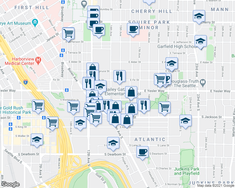 map of restaurants, bars, coffee shops, grocery stores, and more near 117 15th Avenue in Seattle