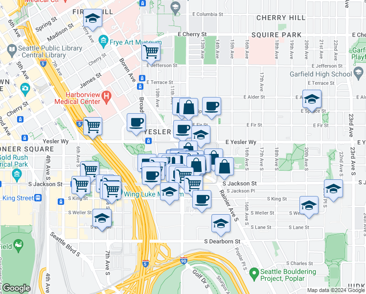 map of restaurants, bars, coffee shops, grocery stores, and more near 1044 South Washington Street in Seattle
