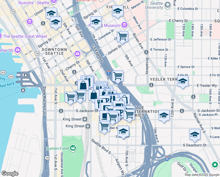 map of restaurants, bars, coffee shops, grocery stores, and more near 100 6th Avenue in Seattle