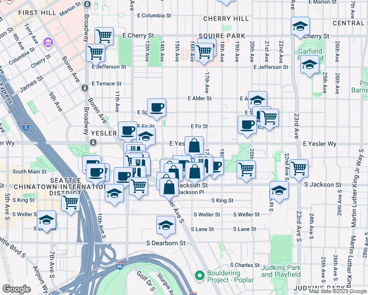 map of restaurants, bars, coffee shops, grocery stores, and more near 1515 East Yesler Way in Seattle