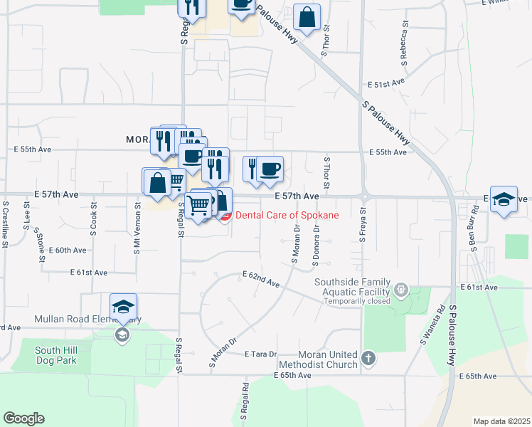 map of restaurants, bars, coffee shops, grocery stores, and more near 5711 South Hailee Lane in Spokane