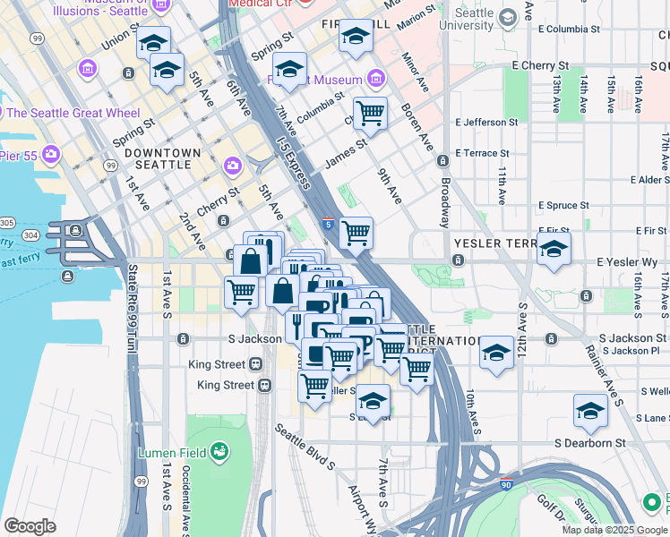 map of restaurants, bars, coffee shops, grocery stores, and more near 100 6th Avenue in Seattle