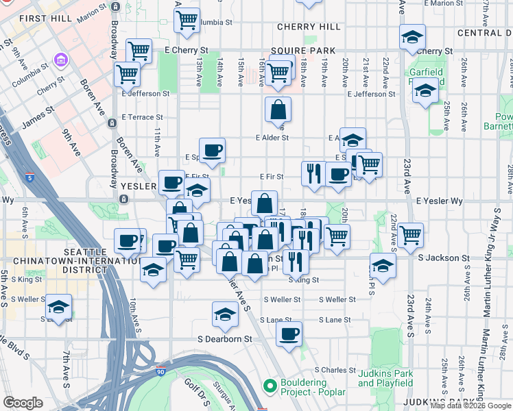 map of restaurants, bars, coffee shops, grocery stores, and more near 165 16th Avenue South in Seattle