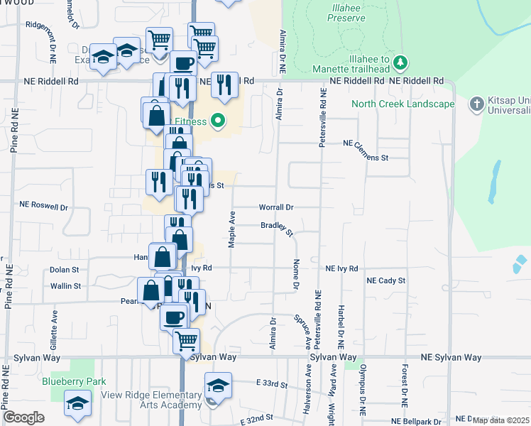 map of restaurants, bars, coffee shops, grocery stores, and more near 1328 Bradley Street in Bremerton