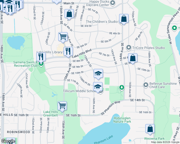 map of restaurants, bars, coffee shops, grocery stores, and more near 1020 159th Place Southeast in Bellevue