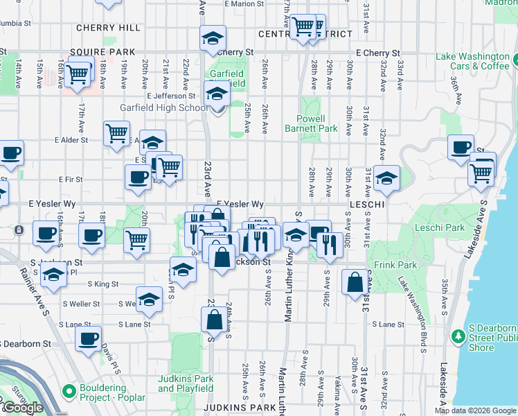 map of restaurants, bars, coffee shops, grocery stores, and more near 2506 South Washington Street in Seattle