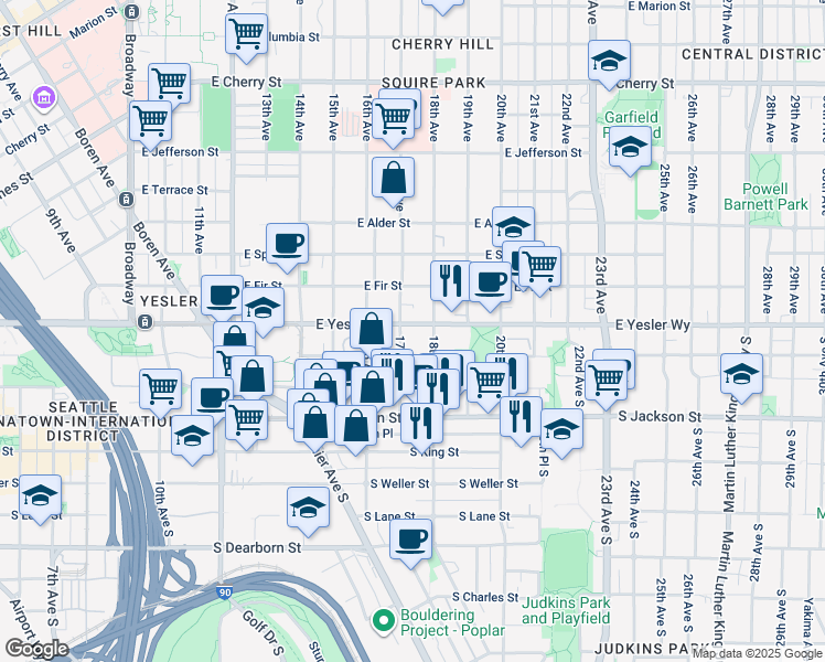 map of restaurants, bars, coffee shops, grocery stores, and more near 200 17th Avenue South in Seattle