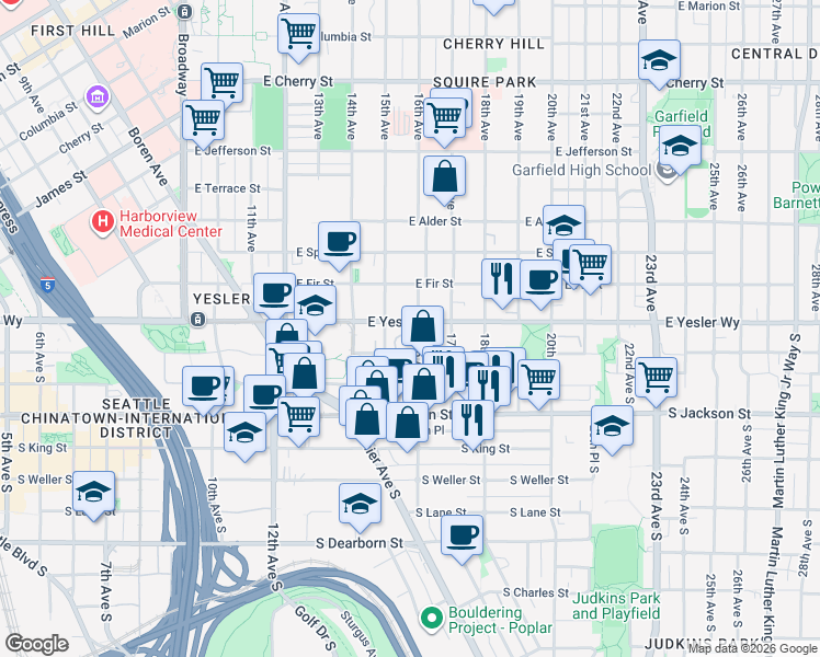 map of restaurants, bars, coffee shops, grocery stores, and more near 165 16th Avenue South in Seattle