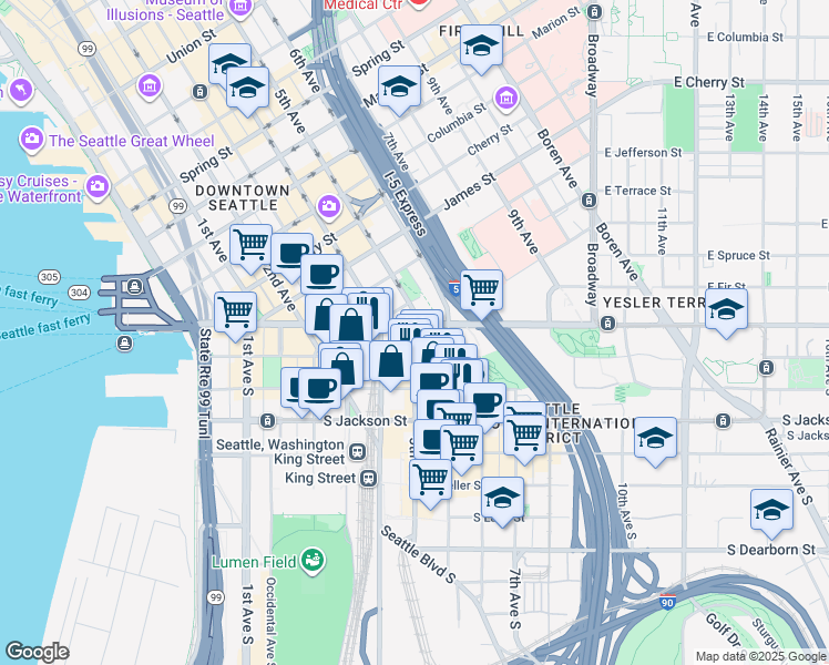 map of restaurants, bars, coffee shops, grocery stores, and more near 105 5th Avenue South in Seattle