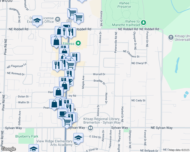 map of restaurants, bars, coffee shops, grocery stores, and more near 1328 Bradley Street in Bremerton