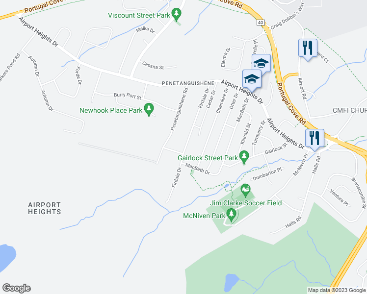 map of restaurants, bars, coffee shops, grocery stores, and more near 60 Firdale Drive in St. John's