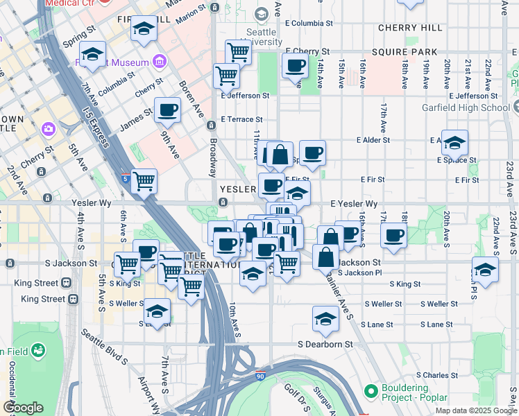 map of restaurants, bars, coffee shops, grocery stores, and more near 125 Boren Avenue South in Seattle