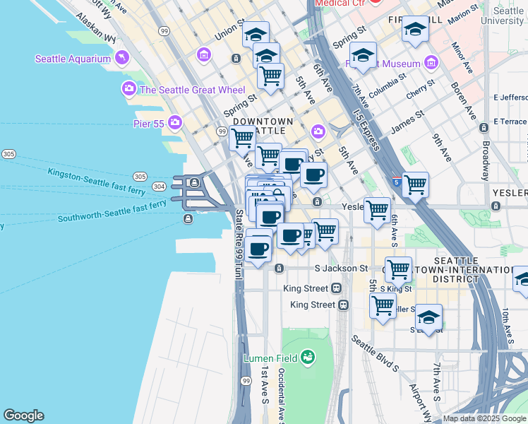 map of restaurants, bars, coffee shops, grocery stores, and more near in Seattle